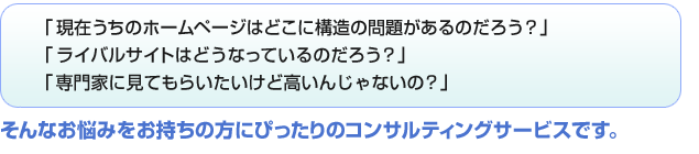 「現在うちのホームページはどこに構造の問題があるのだろう？」「ライバルサイトはどうなっているのだろう？」「専門家に見てもらいたいけど高いんじゃないの？」そんなお悩みをお持ちの方にぴったりのコンサルティングサービスです。